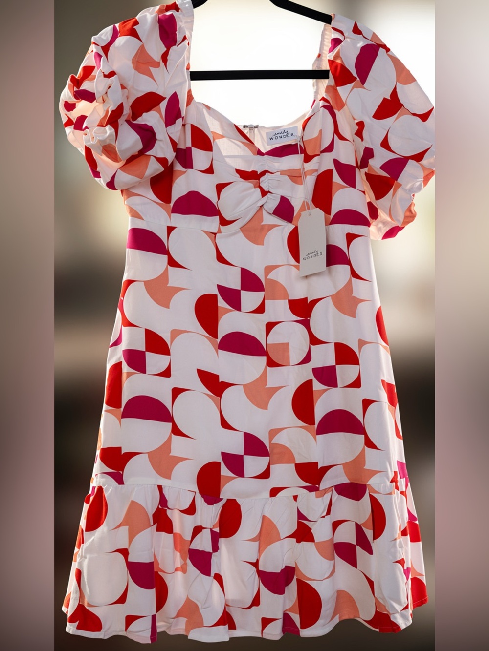 NWT Emily Wonder Sweetheart Neckline Puff Sleeve Dress Retro Mod Print